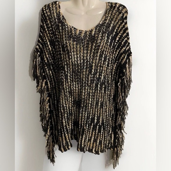 Chico’s S/M black tan fringe knit boho poncho tunic sweater shawl - Picture 1 of 7